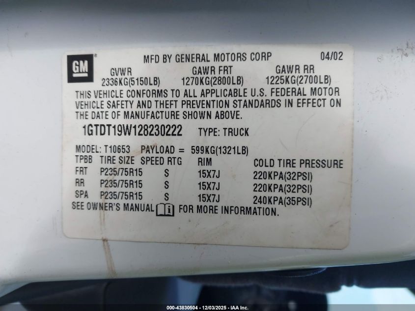 2002 GMC Sonoma Sls VIN: 1GTDT19W128230222 Lot: 43830504