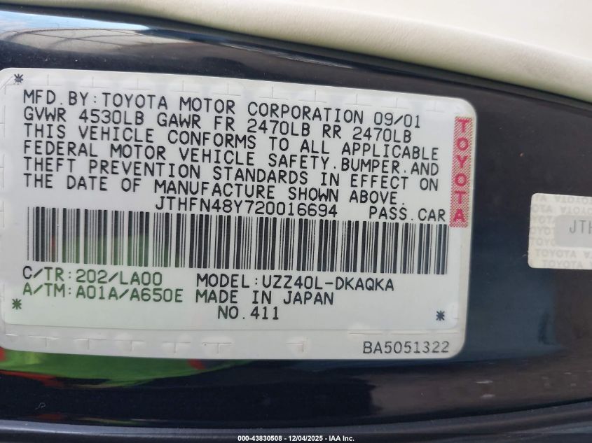 2002 Lexus Sc 430 VIN: JTHFN48Y720016694 Lot: 43830508