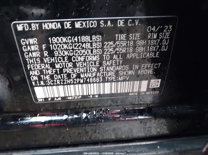 2023 Honda Hr-V Awd Sport VIN: 3CZRZ2H52PM748663 Lot: 43830522