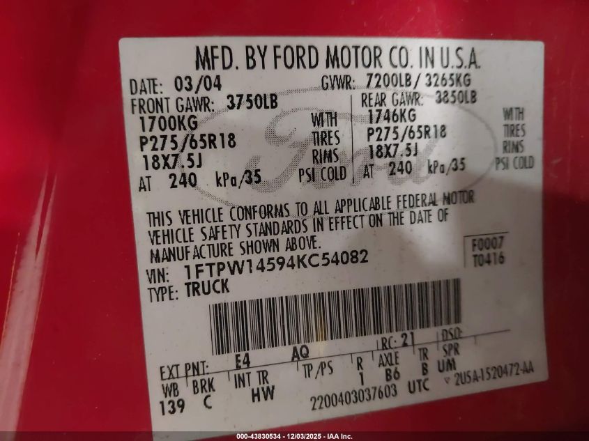 2004 Ford F-150 Fx4/Lariat/Xlt VIN: 1FTPW14594KC54082 Lot: 43830534
