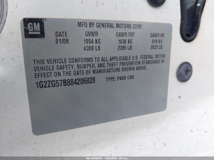 2008 Pontiac G6 VIN: 1G2ZG57B884206828 Lot: 43830539