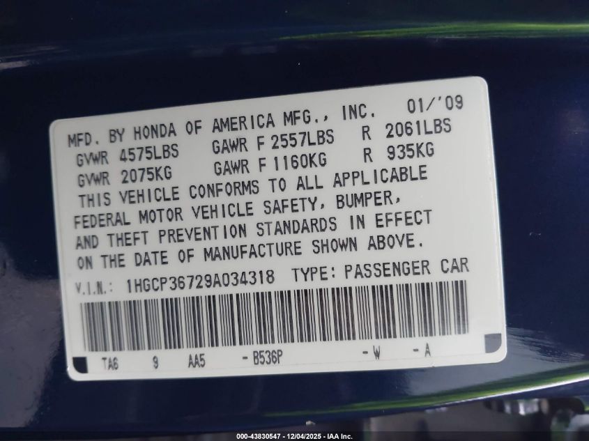 2009 Honda Accord 3.5 Ex VIN: 1HGCP36729A034318 Lot: 43830547