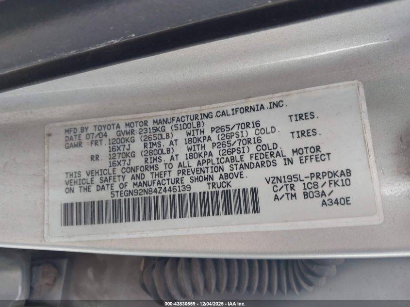 2004 Toyota Tacoma Prerunner V6 VIN: 5TEGN92N84Z446139 Lot: 43830559