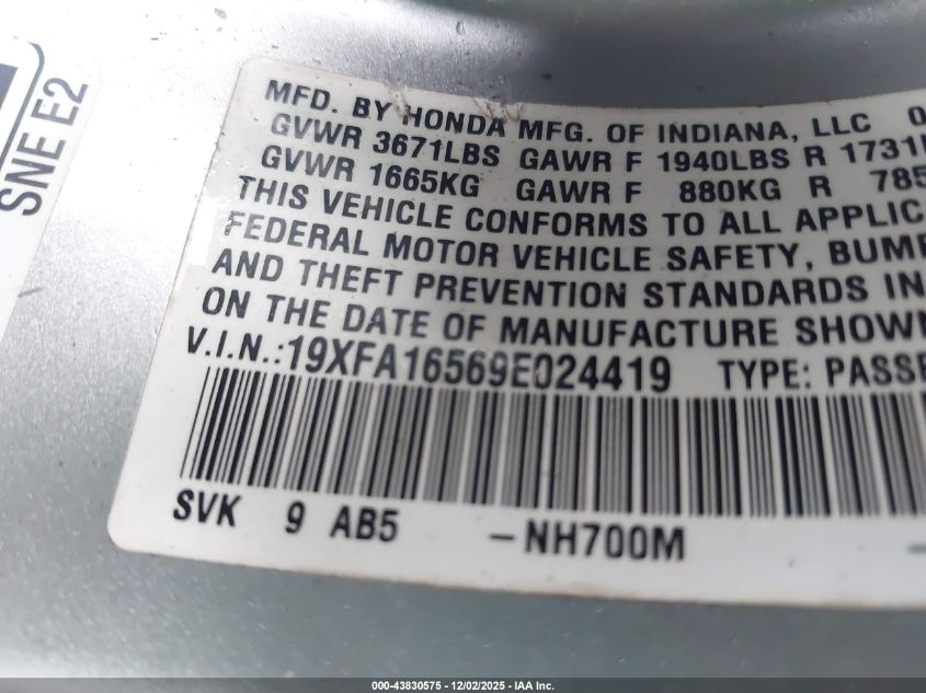2009 Honda Civic Lx VIN: 19XFA16569E024419 Lot: 43830575