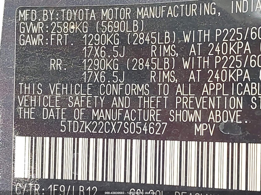 5TDZK22CX7S054627 2007 TOYOTA SIENNA photo no. 9