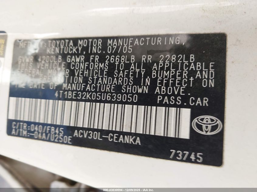 2005 Toyota Camry Le VIN: 4T1BE32K05U639050 Lot: 43830594