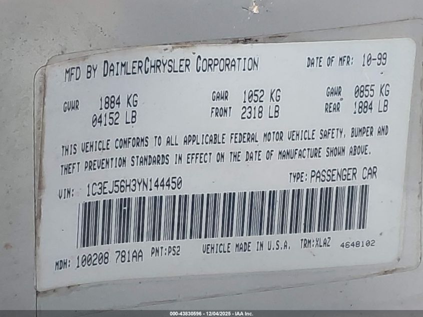 2000 Chrysler Cirrus Lxi VIN: 1C3EJ56H3YN144450 Lot: 43830596