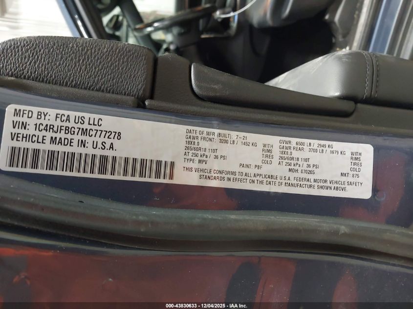 2021 Jeep Grand Cherokee Limited 4X4 VIN: 1C4RJFBG7MC777278 Lot: 43830633