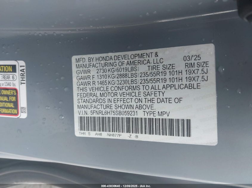 2025 Honda Odyssey Sport-L VIN: 5FNRL6H75SB059231 Lot: 43830640