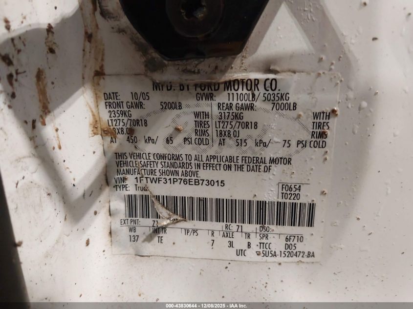 2006 Ford F-350 Xl/Xlt VIN: 1FTWF31P76EB73015 Lot: 43830644