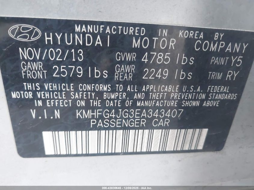 2014 Hyundai Azera VIN: KMHFG4JG3EA343407 Lot: 43830646