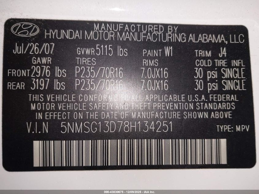 2008 Hyundai Santa Fe Gls VIN: 5NMSG13D78H134251 Lot: 43830675