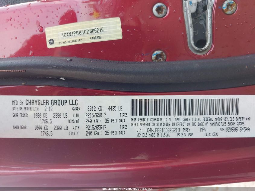 2012 Jeep Patriot Sport VIN: 1C4NJPBB1CD606219 Lot: 43830679