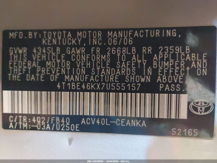 2007 Toyota Camry Le VIN: 4T1BE46KX7U555157 Lot: 43830685