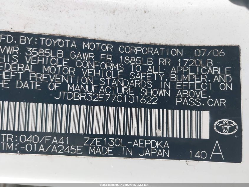 2007 Toyota Corolla Ce VIN: JTDBR32E770101622 Lot: 43830695