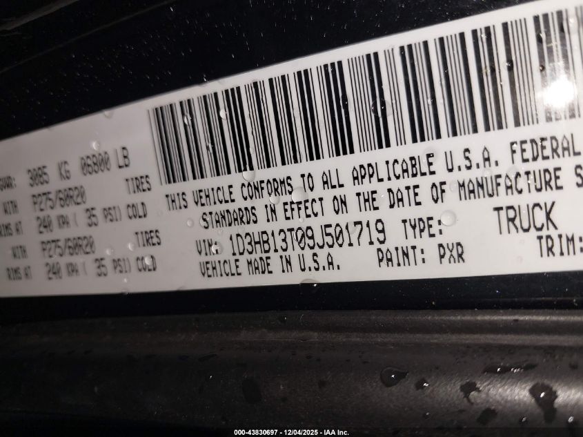 2009 Dodge Ram 1500 Slt/Sport/Trx VIN: 1D3HB13T09J501719 Lot: 43830697