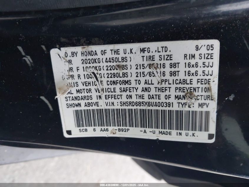 2006 Honda Cr-V Lx VIN: SHSRD685X6U400391 Lot: 43830698