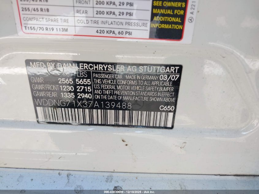 2007 Mercedes-Benz S 550 VIN: WDDNG71X37A139488 Lot: 43830699