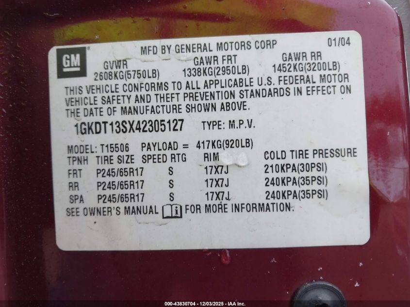 2004 GMC Envoy Slt VIN: 1GKDT13SX42305127 Lot: 43830704