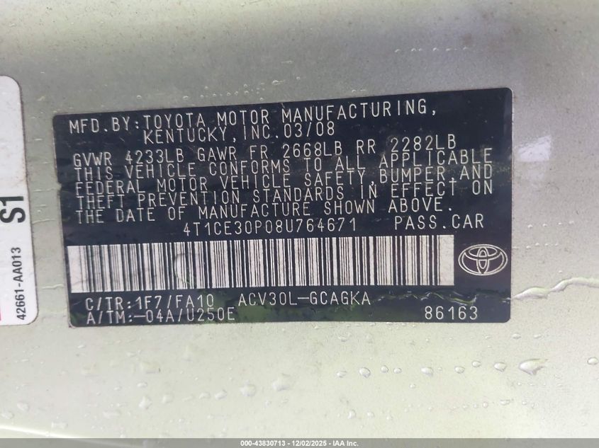 2008 Toyota Solara VIN: 34T1CE30T08U76467 Lot: 43830713