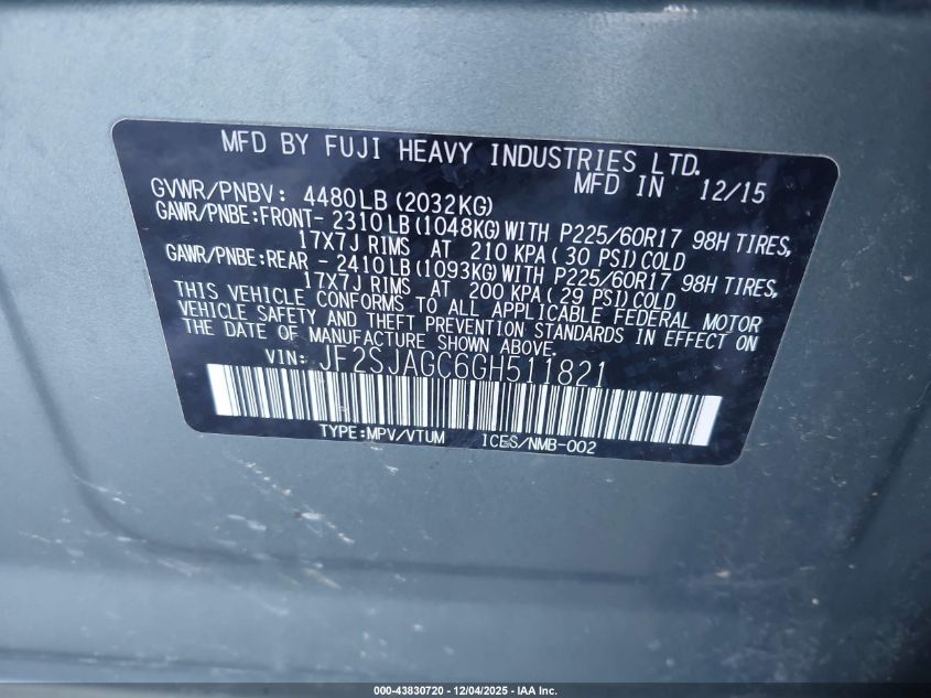 2016 Subaru Forester 2.5I Premium VIN: JF2SJAGC6GH511821 Lot: 43830720