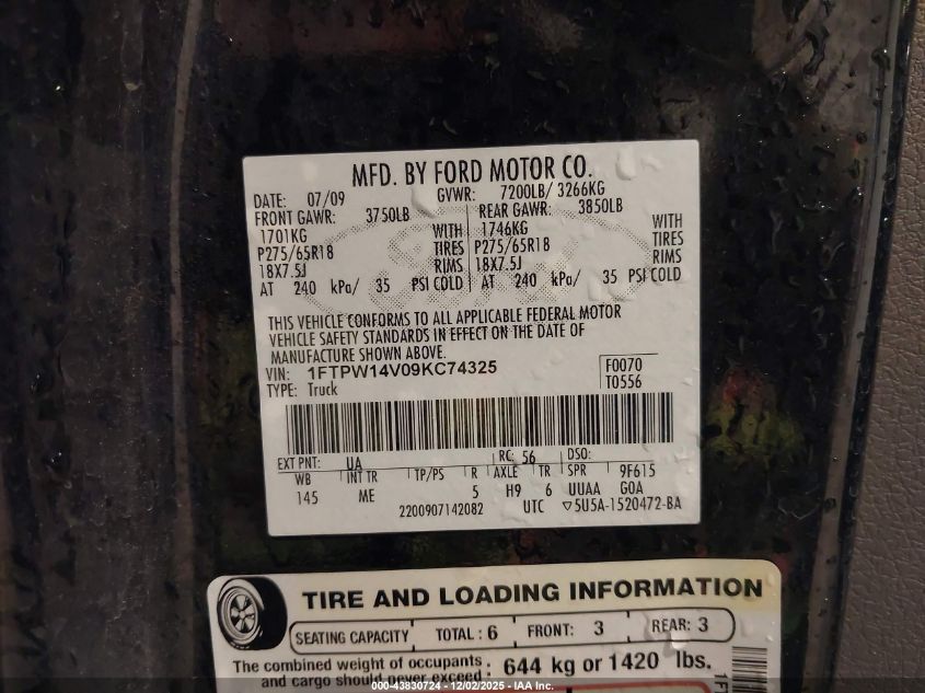 2009 Ford F-150 Fx4/King Ranch/Lariat/Platinum/Xl/Xlt VIN: 1FTPW14V09KC74325 Lot: 43830724