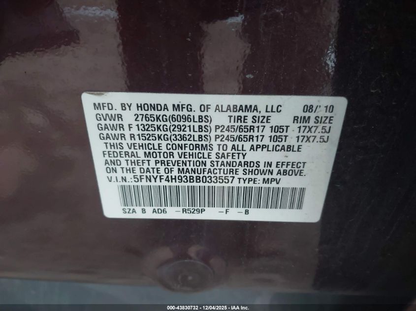 2011 Honda Pilot Touring VIN: 5FNYF4H93BB033557 Lot: 43830732