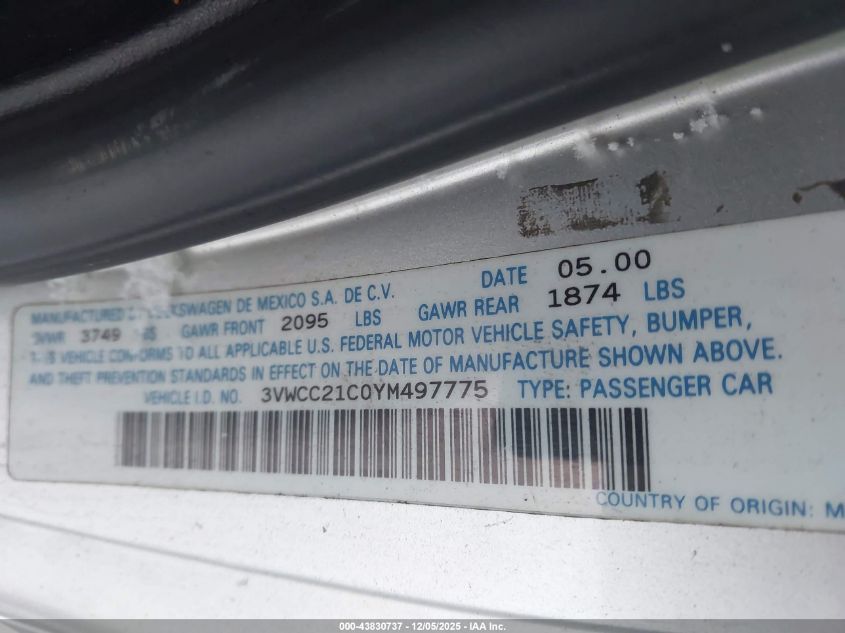 2000 Volkswagen New Beetle Gls VIN: 3VWCC21COYM497775 Lot: 43830737