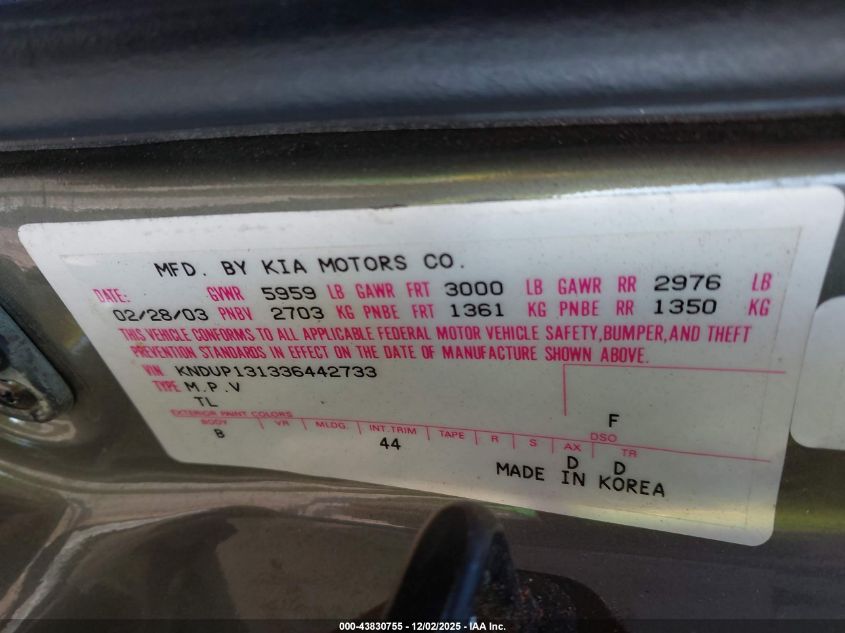2003 Kia Sedona Ex/Lx VIN: KNDUP131336442733 Lot: 43830755