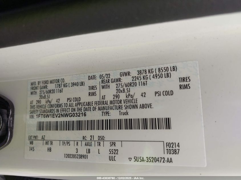 2022 Ford F-150 Lightning Lariat VIN: 1FT6W1EV2NWG03216 Lot: 43830768