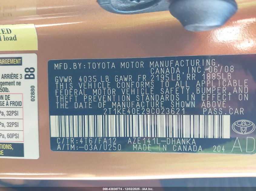 2009 Toyota Matrix S VIN: 2T1KE40E29C023621 Lot: 43830774