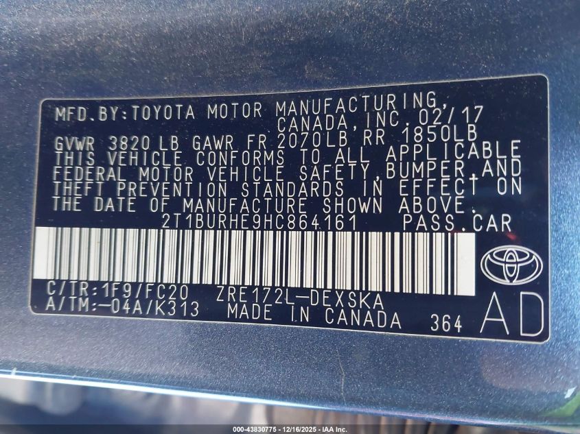 2017 Toyota Corolla Se VIN: 2T1BURHE9HC864161 Lot: 43830775