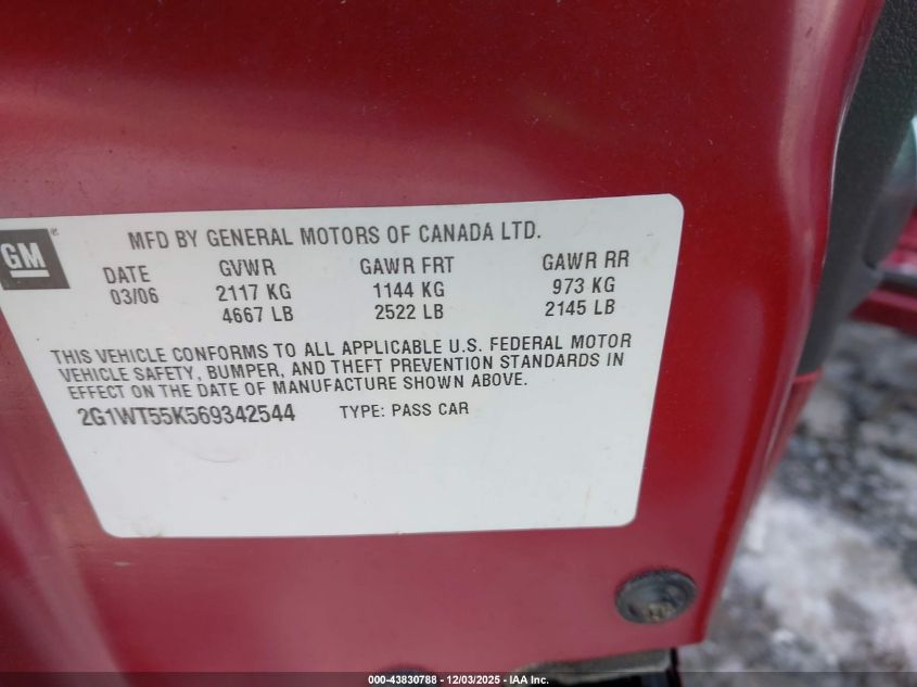 2006 Chevrolet Impala Lt VIN: 2G1WT55K569342544 Lot: 43830788