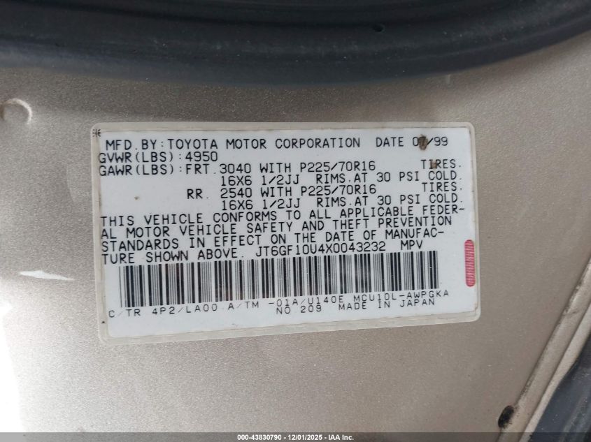 1999 Lexus Rx 300 VIN: JT6GF10U4X0043232 Lot: 43830790