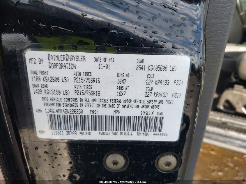 2002 Jeep Liberty Sport VIN: 1J4GL48K42W226250 Lot: 43830792