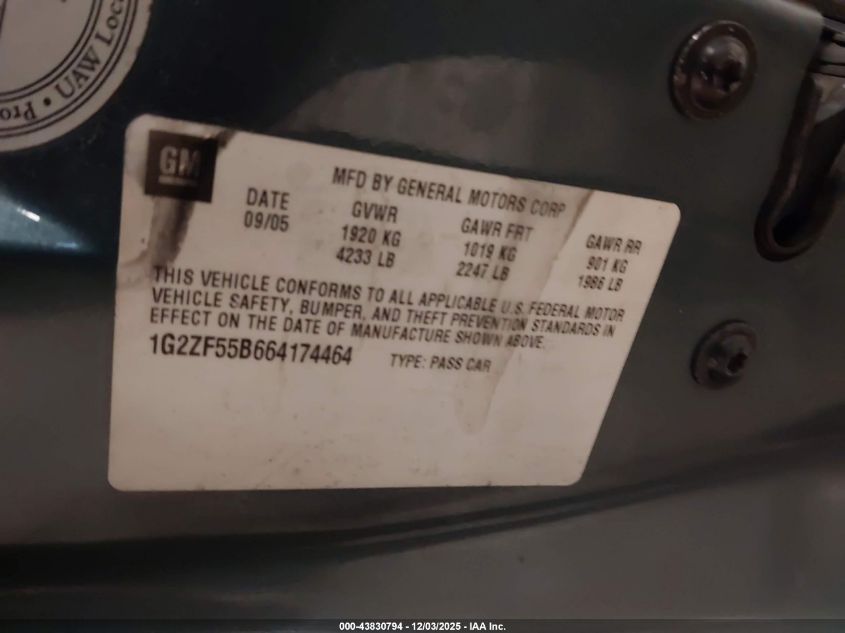 2006 Pontiac G6 VIN: 1G2ZF55B664174464 Lot: 43830794