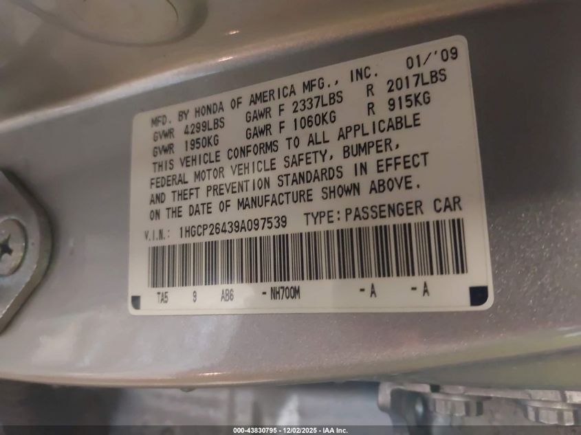 2009 Honda Accord 2.4 Lx-P VIN: 1HGCP26439A097539 Lot: 43830795