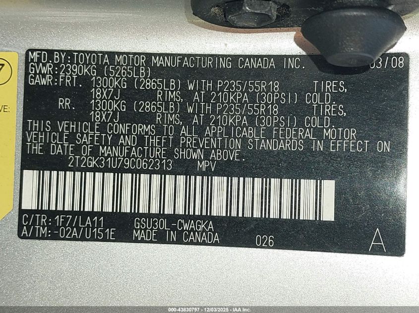 2009 Lexus Rx 350 VIN: 2T2GK31U79C062313 Lot: 43830797