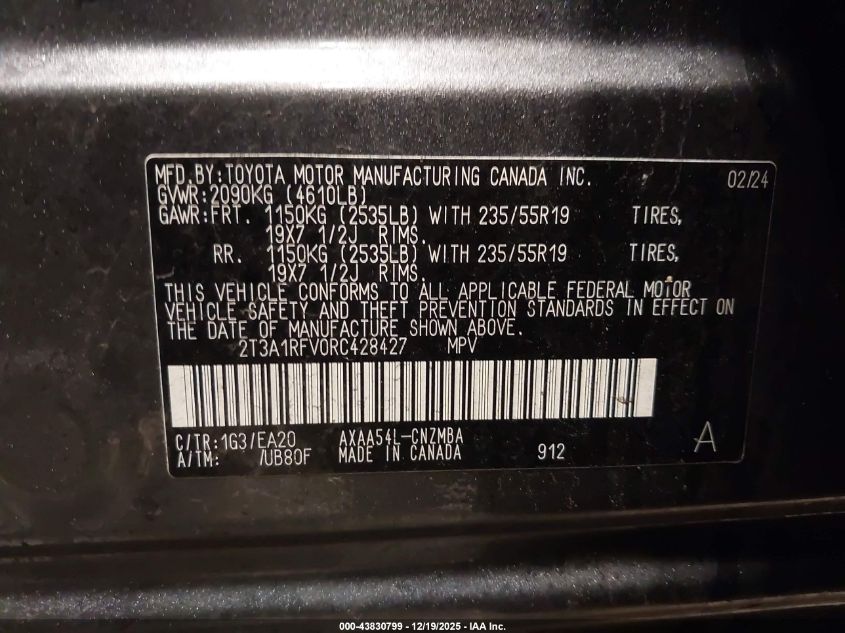 2024 Toyota Rav4 Xle Premium VIN: 2T3A1RFV0RC428427 Lot: 43830799