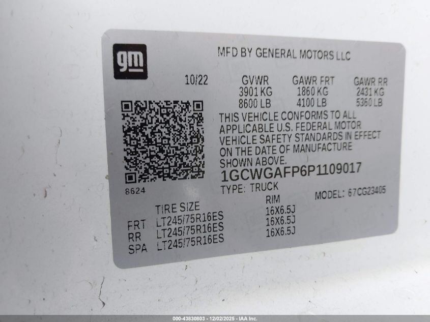 2023 Chevrolet Express Cargo Rwd 2500 Regular Wheelbase Wt VIN: 1GCWGAFP6P1109017 Lot: 43830803