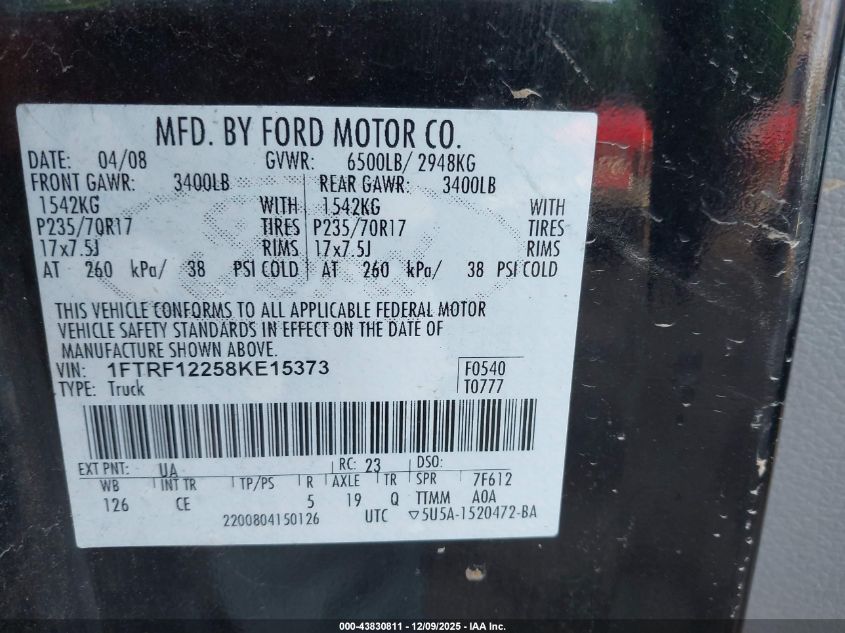 2008 Ford F-150 Stx/Xl/Xlt VIN: 1FTRF12258KE15373 Lot: 43830811