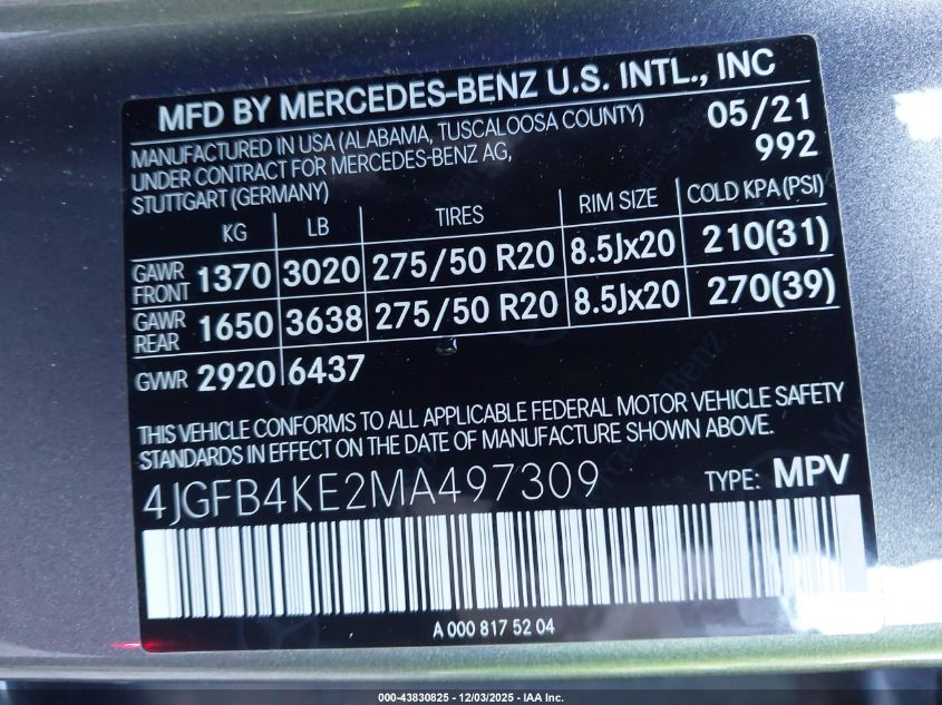 2021 Mercedes-Benz Gle 350 4Matic VIN: 4JGFB4KE2MA497309 Lot: 43830825