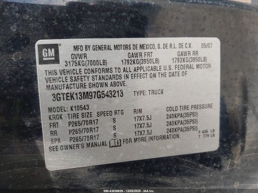 2007 GMC Sierra 1500 Slt VIN: 3GTEK13M97G543213 Lot: 43830836