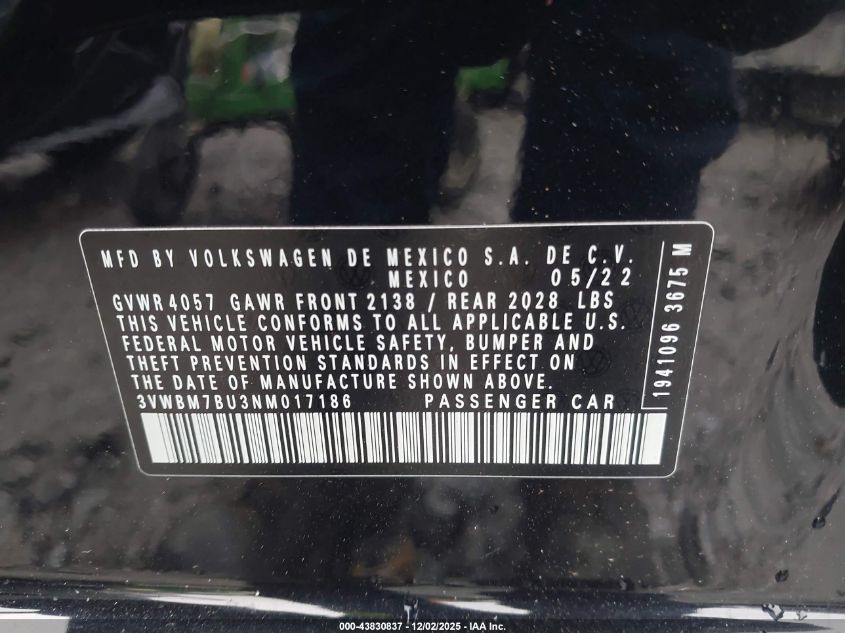 2022 Volkswagen Jetta 1.5T Sport VIN: 3VWBM7BU3NM017186 Lot: 43830837