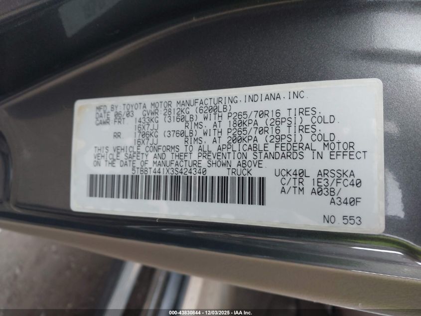 2003 Toyota Tundra Sr5 V8 VIN: 5TBBT441X3S424340 Lot: 43830844