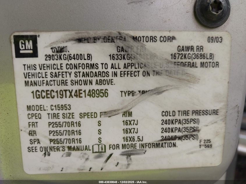 2004 Chevrolet Silverado 1500 Ls VIN: 1GCEC19TX4E148956 Lot: 43830848