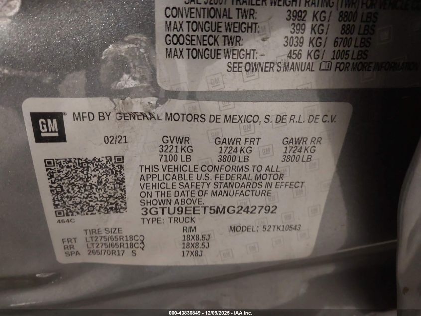 2021 GMC Sierra 1500 4Wd Short Box At4 VIN: 3GTU9EET5MG242792 Lot: 43830849