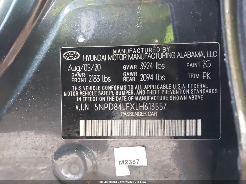 2020 Hyundai Elantra Sel VIN: 5NPD84LFXLH613557 Lot: 43830864