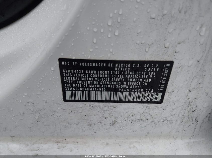 2019 Volkswagen Jetta 1.4T R-Line/1.4T S/1.4T Se VIN: 3VWC57BU4KM114510 Lot: 43830865