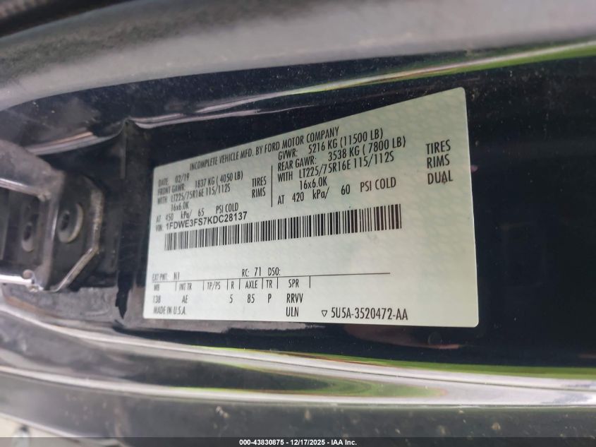 2019 Ford E-350 Cutaway VIN: 1FDWE3FS7KDC28137 Lot: 43830875